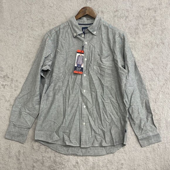 NEW Gap Men's M Long Sleeve Oxford Shirt Gray Cotton Blend Button-Down - Picture 2 of 7